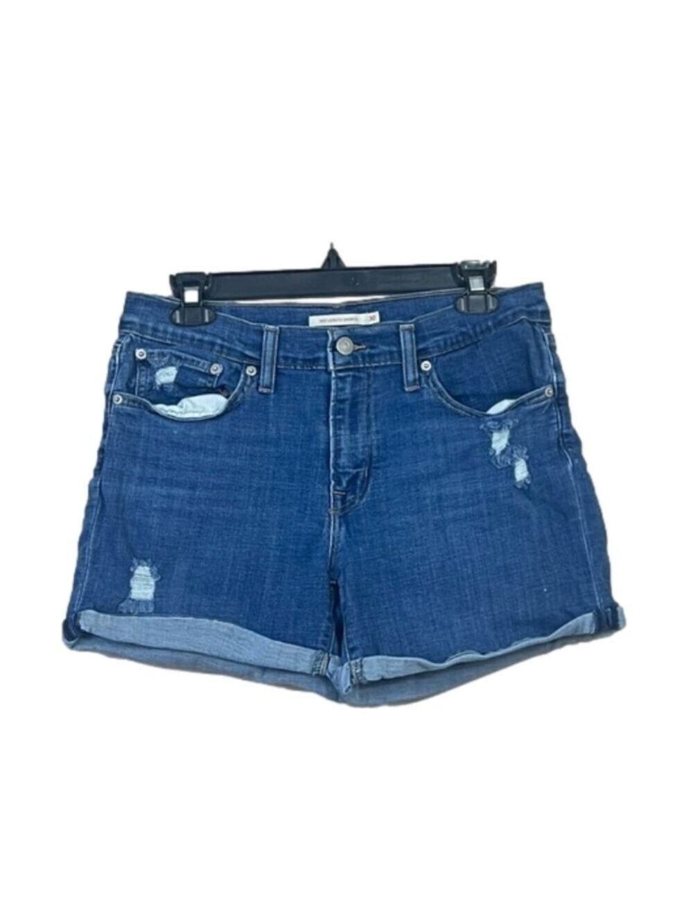 Levi's Shorts Womens Size 30 Dark Wash Blue Denim Med Rise Roll Up Distressed